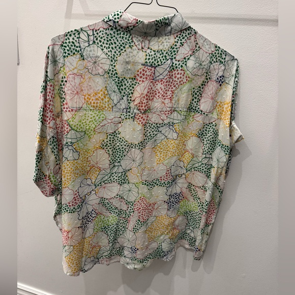 Lightweight Floral Dot Print Button-Up Collared Blouse - White Multicolor - Picture 2 of 4